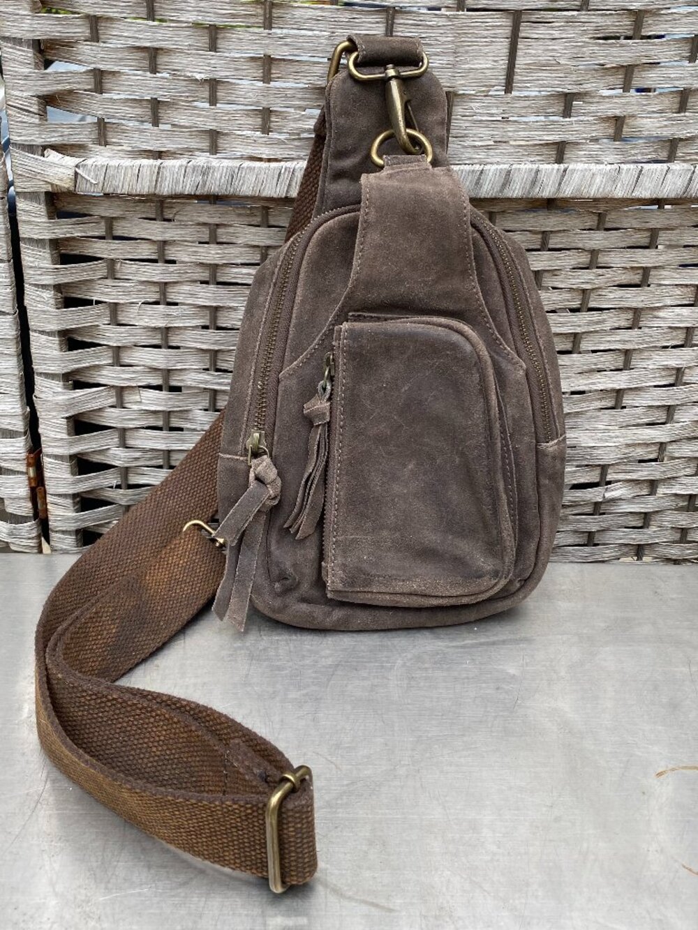 FREE PEOPLE Hudson Sling Bag Washed Distressed Brown Whiskey Crossbody Suede